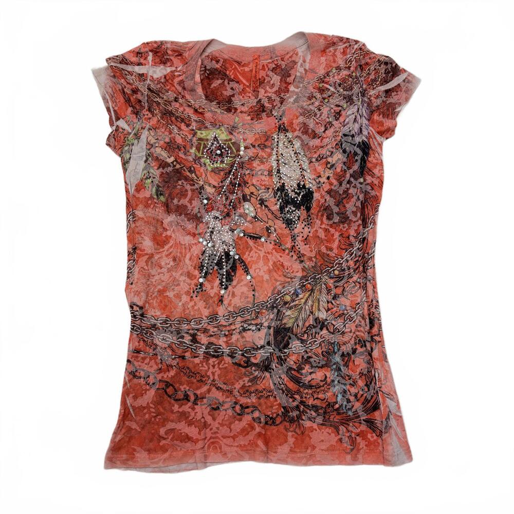 American Age Women's Orange Short Sleeve T-Shirt Bedazzled Feathers Chains M